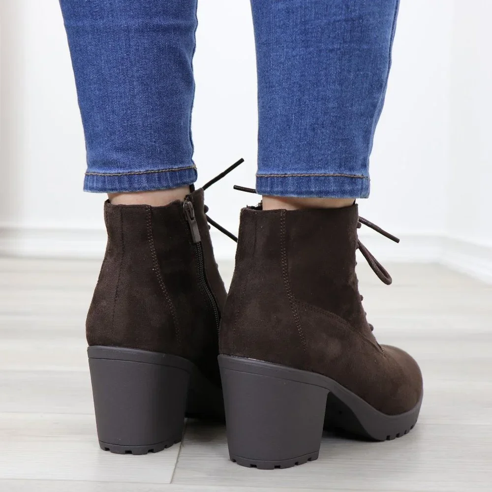 Brown Faux Suede Lace-Up Lug Chunky Block High Heel Ankle Boots - Picture 7 of 12